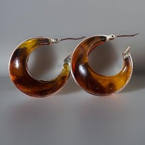 Vintage, silvertone, Amber Brown wide puff costume pierced earrings